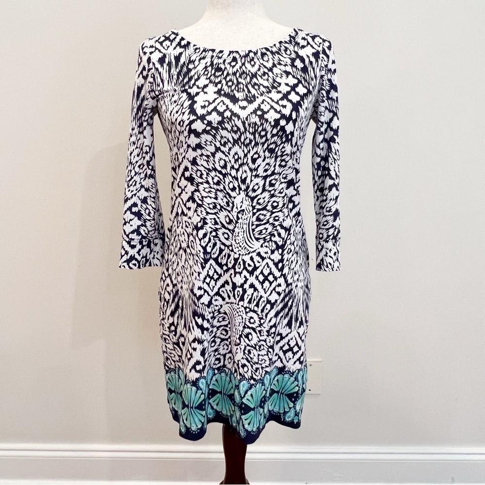 Lilly Pulitzer Hollee Dress Women Extra Small Blue Peacock Print Tropical Resort